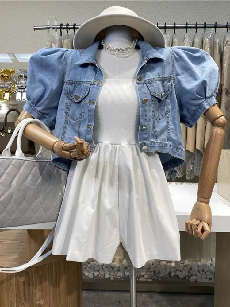 Women Short Denim Jacket Puff Sleeve Crop Top