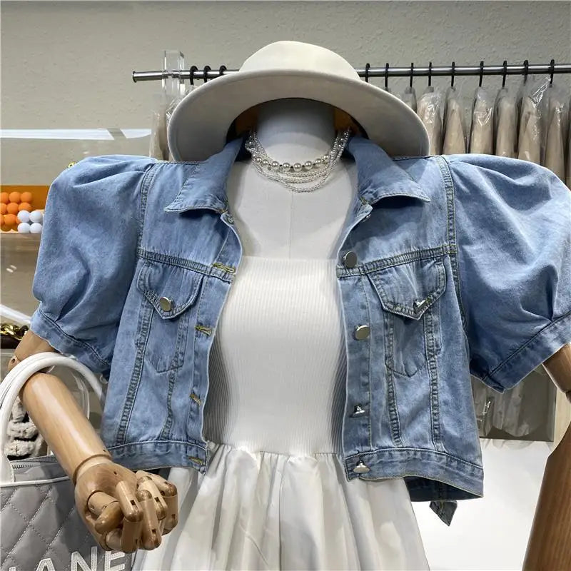 Women Short Denim Jacket Puff Sleeve Crop Top