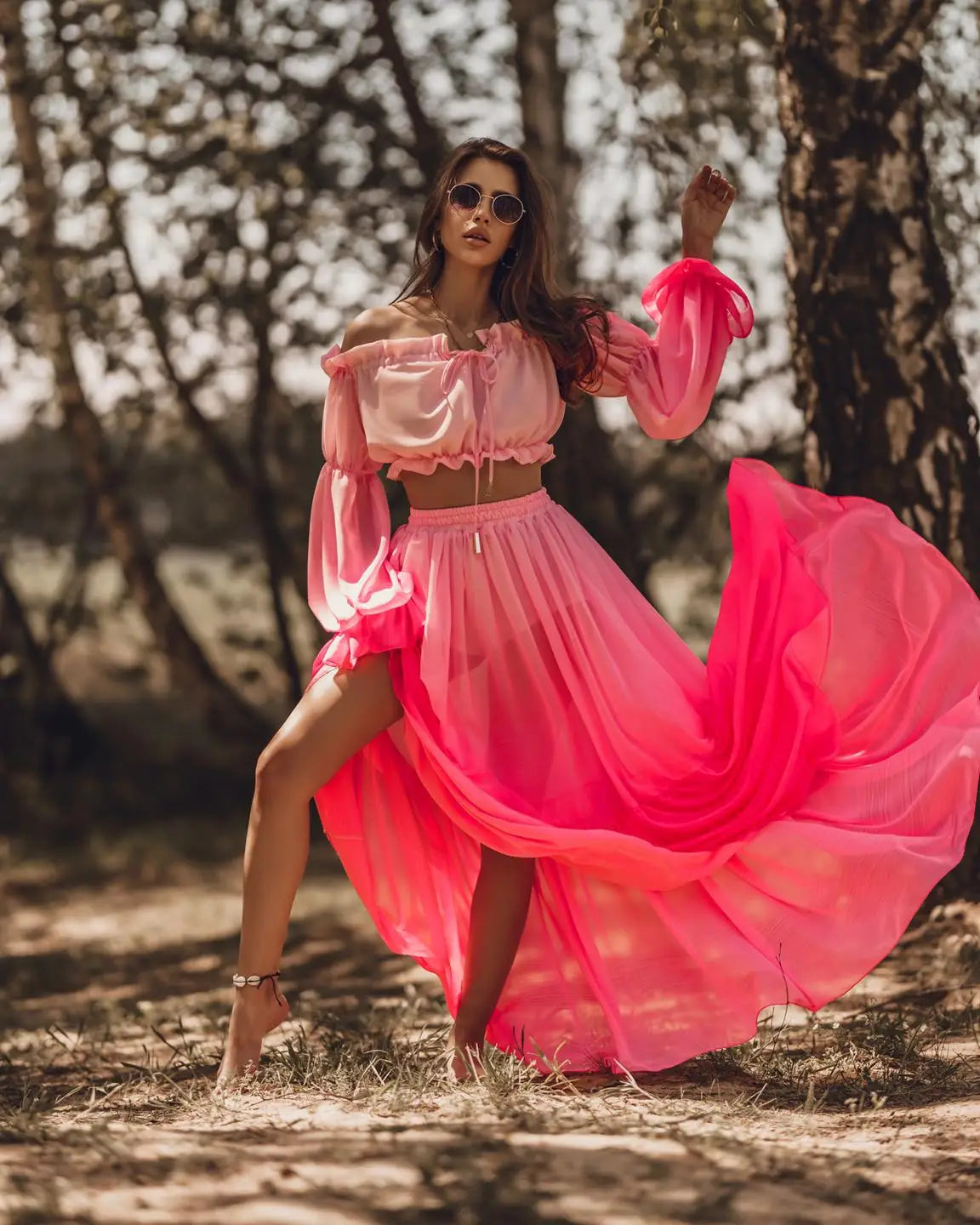 2PCS Fashionable Ombre Long Sleeve Lace Up Cropped Top + Cover Up Skirt