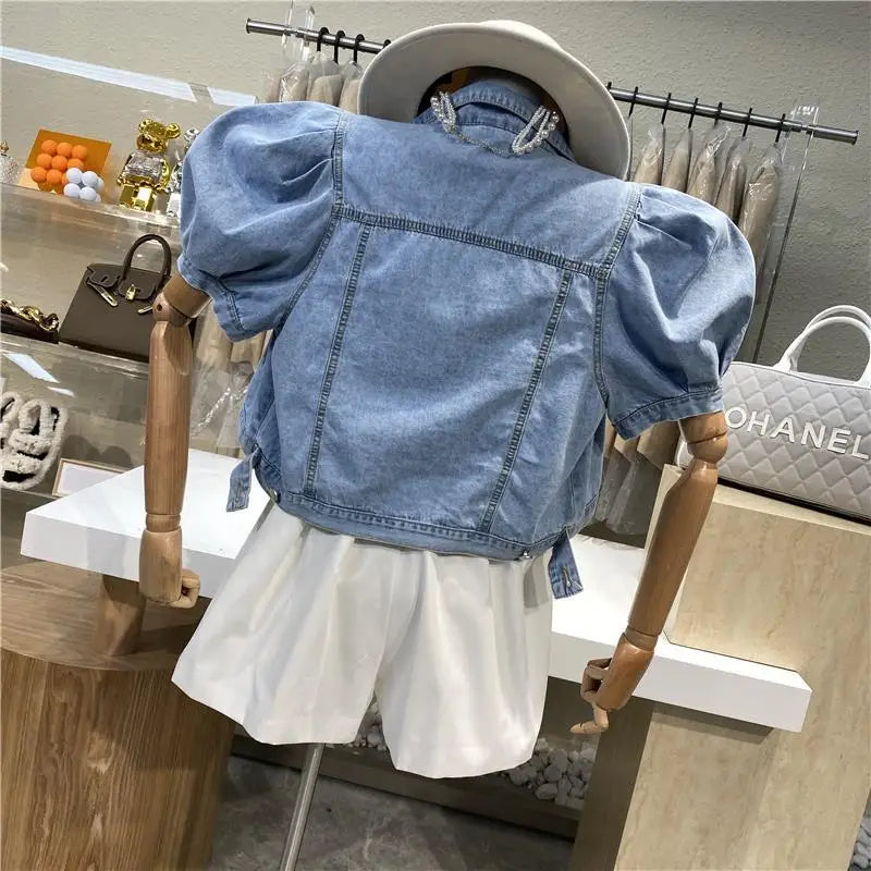 Women Short Denim Jacket Puff Sleeve Crop Top