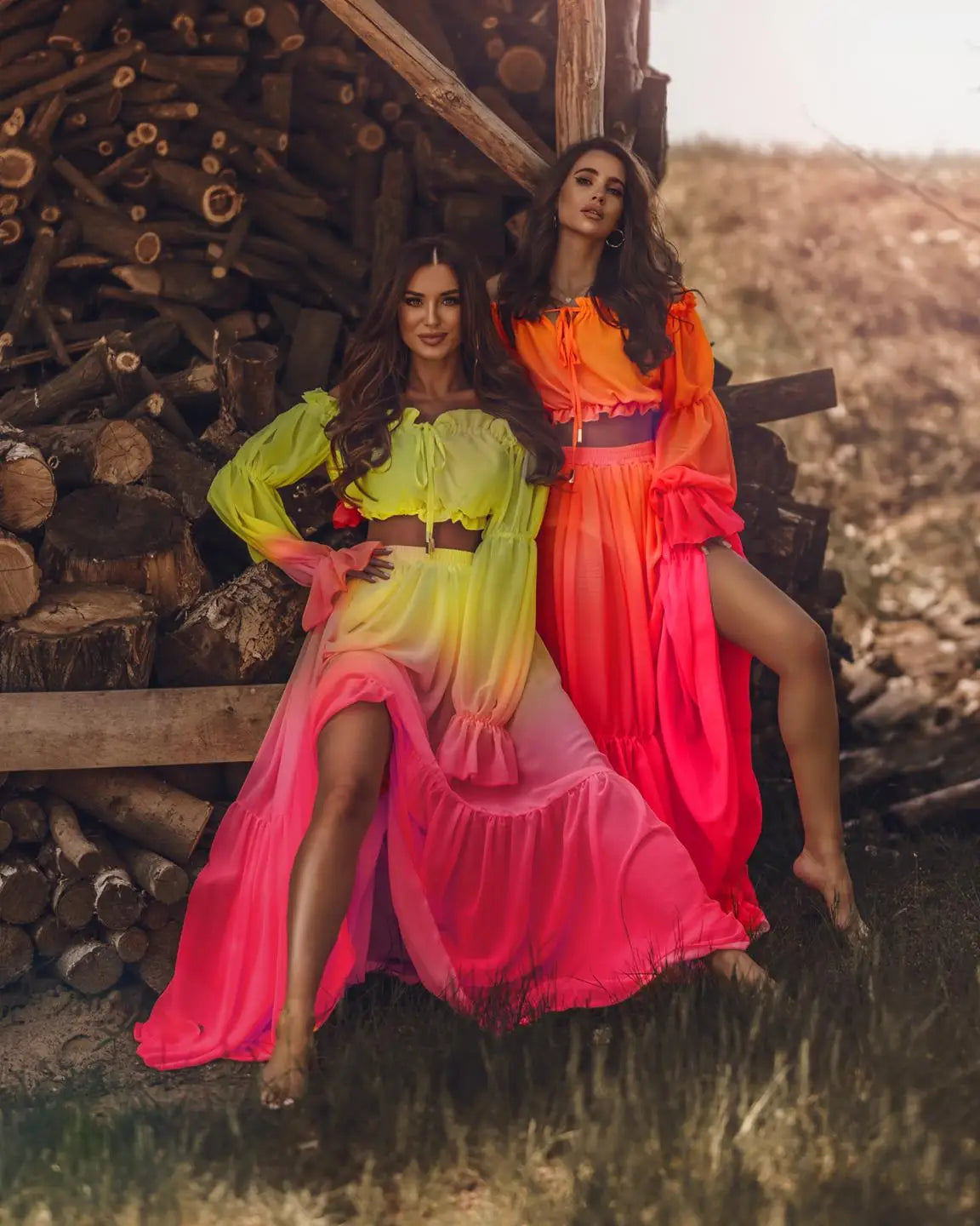 2PCS Fashionable Ombre Long Sleeve Lace Up Cropped Top + Cover Up Skirt