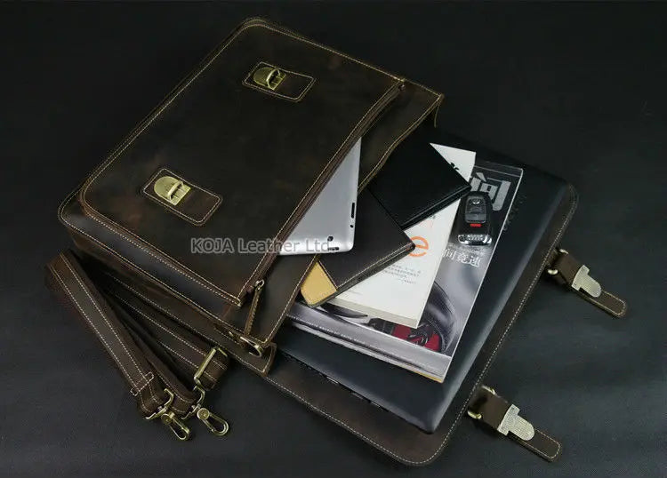 Crazy Horse Genuine Leather Men Briefcase 15" Laptop Bag
