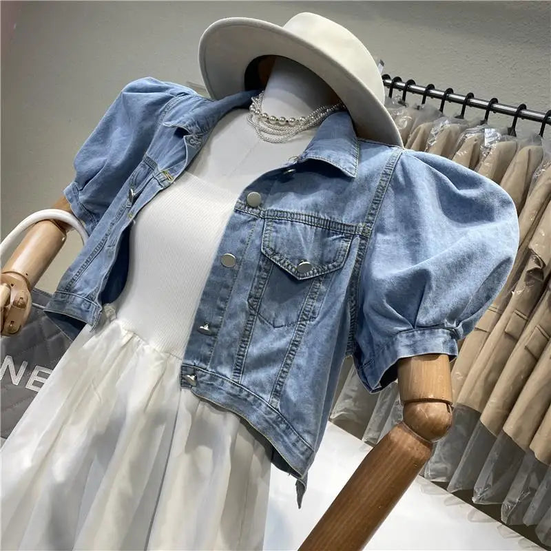 Women Short Denim Jacket Puff Sleeve Crop Top