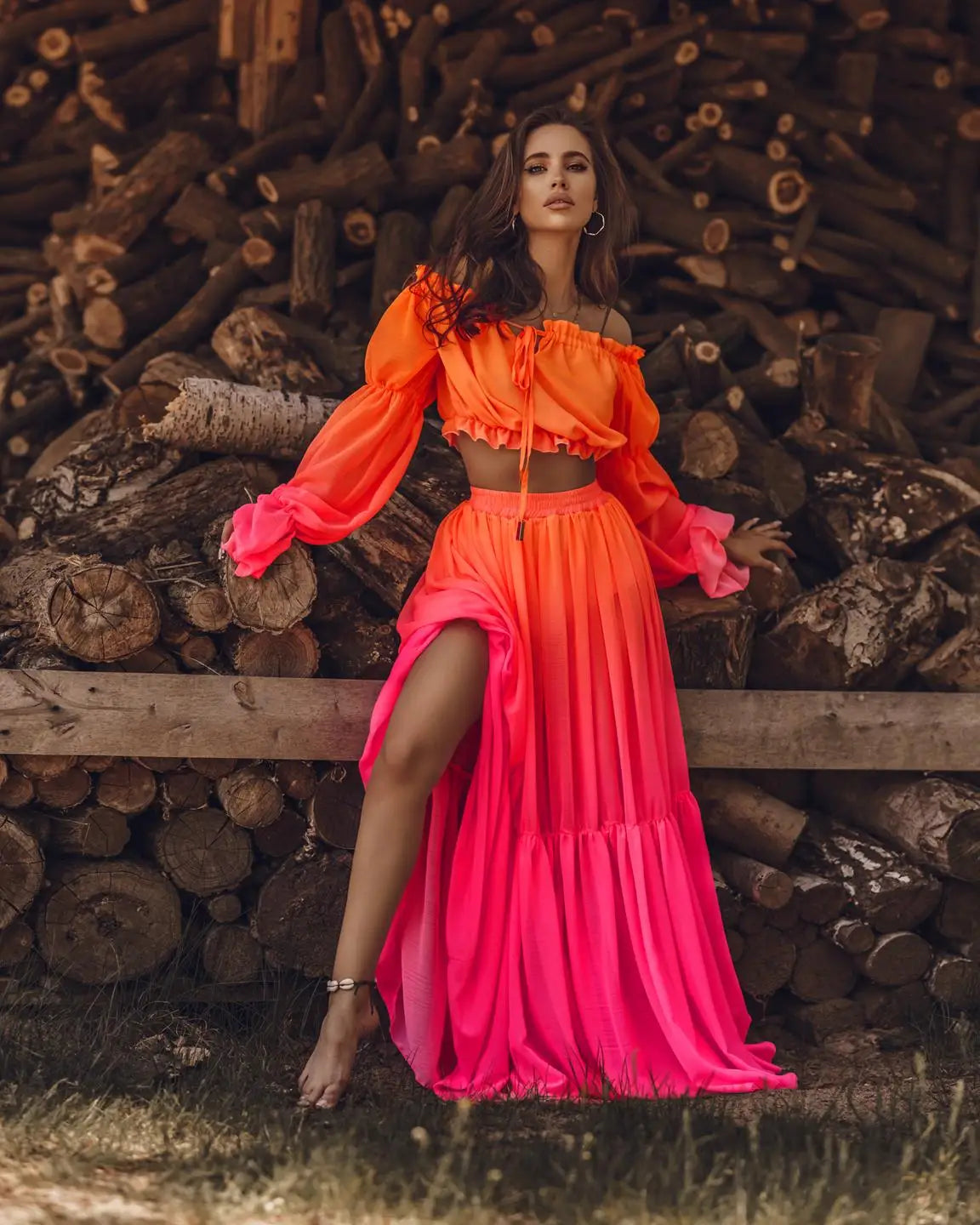 2PCS Fashionable Ombre Long Sleeve Lace Up Cropped Top + Cover Up Skirt