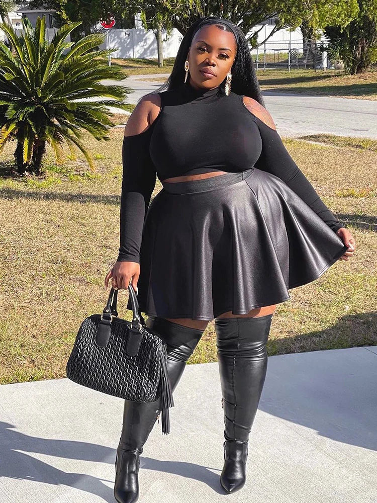 Streetwear Faux Leather Skirt Flare Plus Size Black Skirt