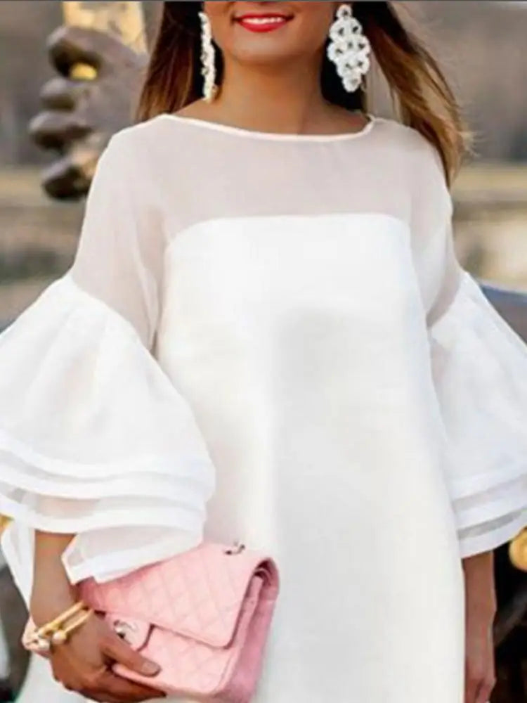 White Flared Sleeve Mesh See-Through Dress