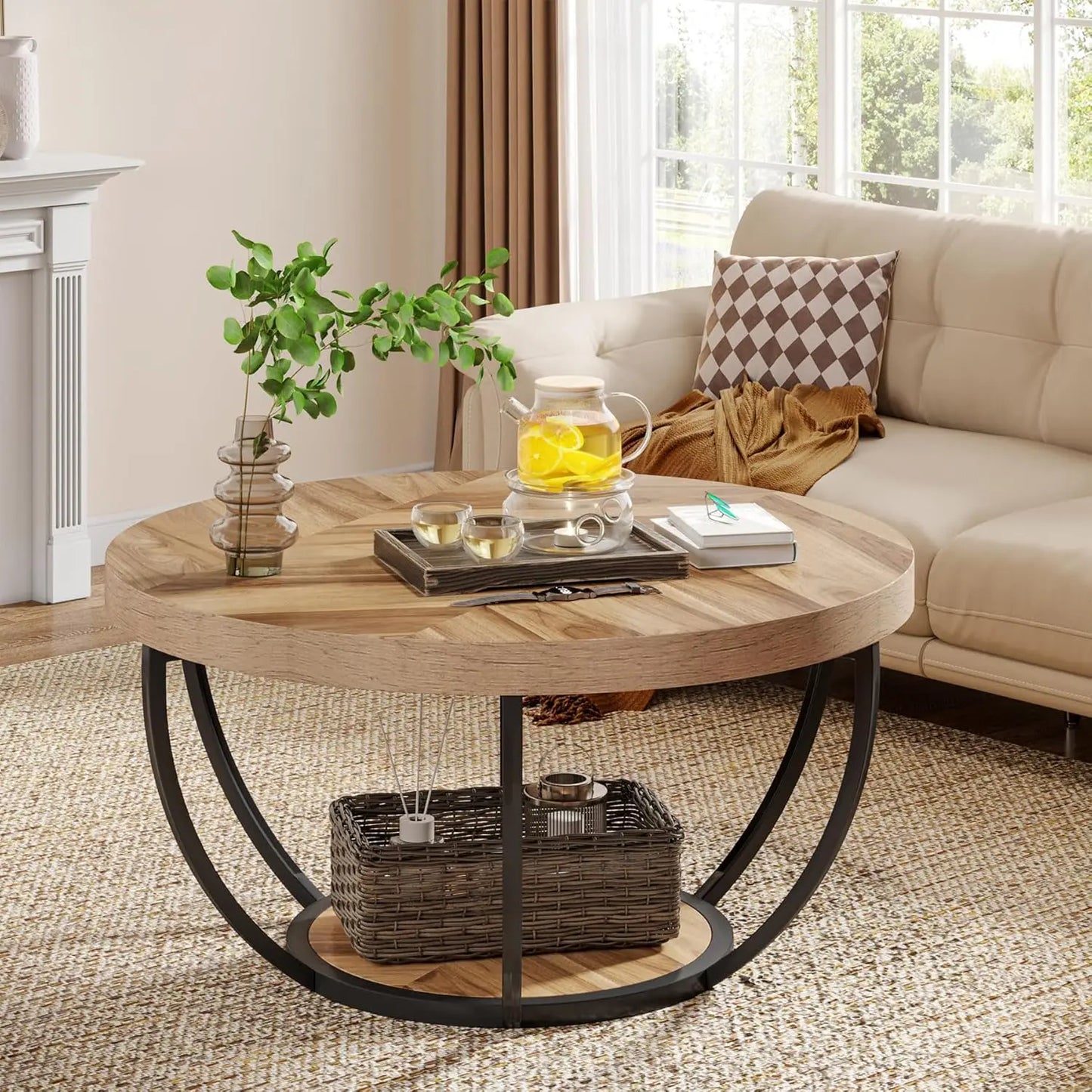 31.7" Round 2-Tier Circle Coffee Table with Storage Shelves