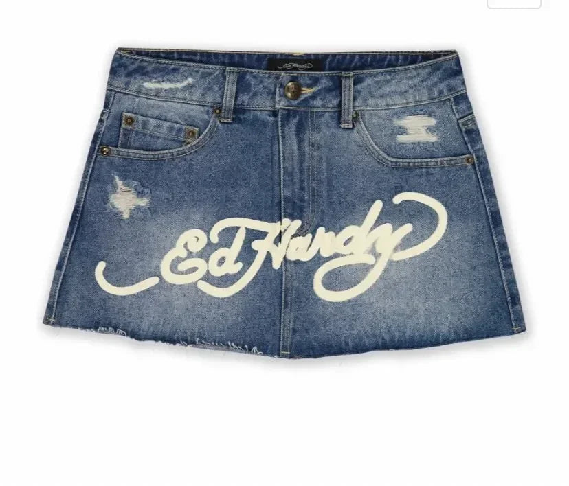 Hip Hop Letter Print Vintage Blue Denim Skirt