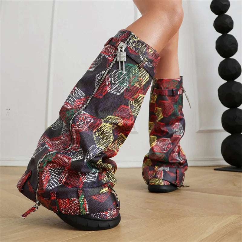 Lock Metal Women's Platform Boots Zipper