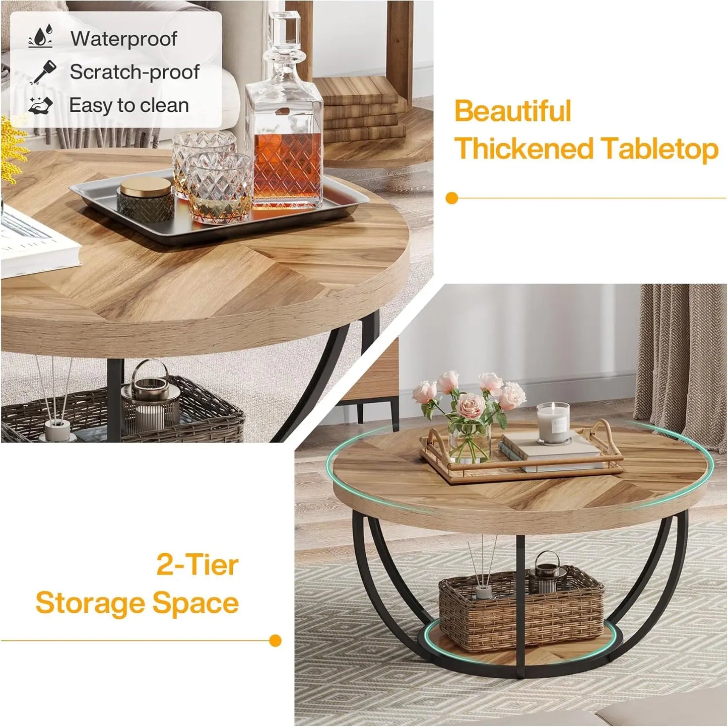 31.7" Round 2-Tier Circle Coffee Table with Storage Shelves