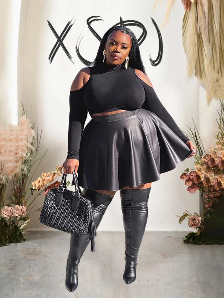 Streetwear Faux Leather Skirt Flare Plus Size Black Skirt