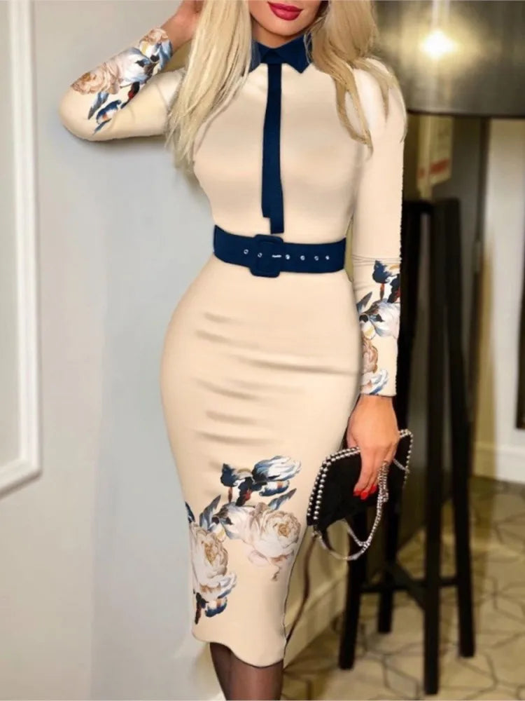 Printed A-line Suit Collar Dress