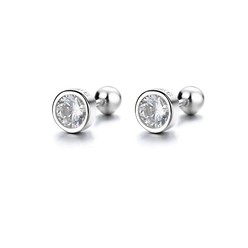 Sterling Silver Zircon Round Screw Thread Bead Stud Earrings