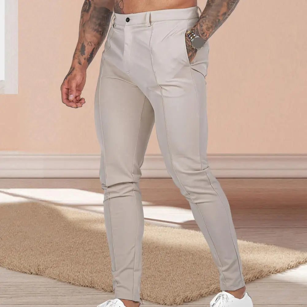 Slim Fit Business Trousers with Ankle Length Slant Pockets for Men