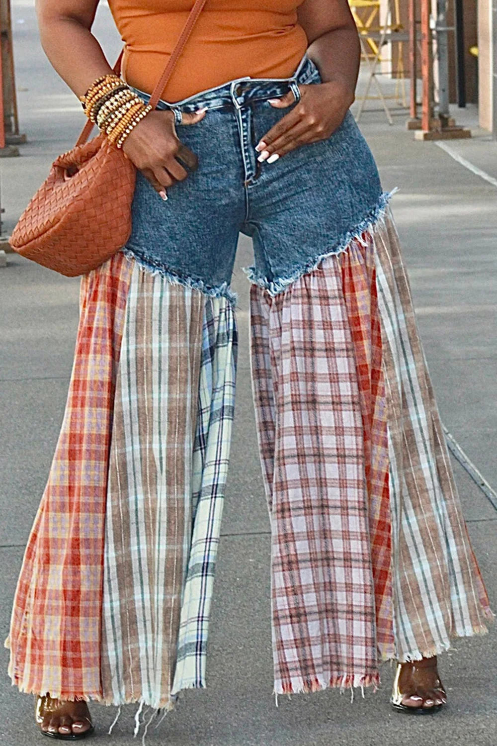 Plus Size Fashion Party Blue Tartan Contrast Patchwork Denim