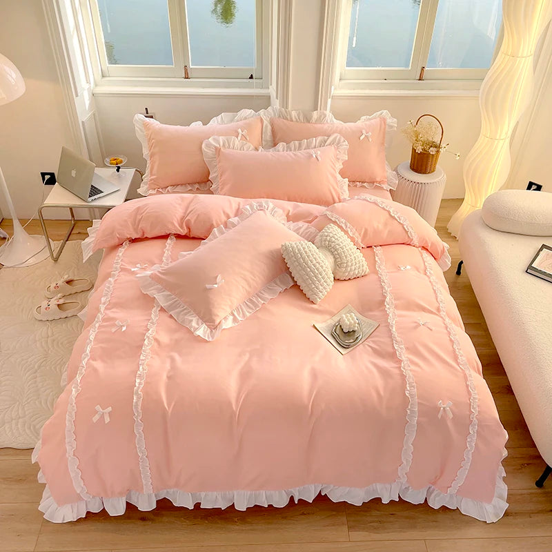 Pink Lace Ruffle Bowknot Duvet Cover Bedding Set