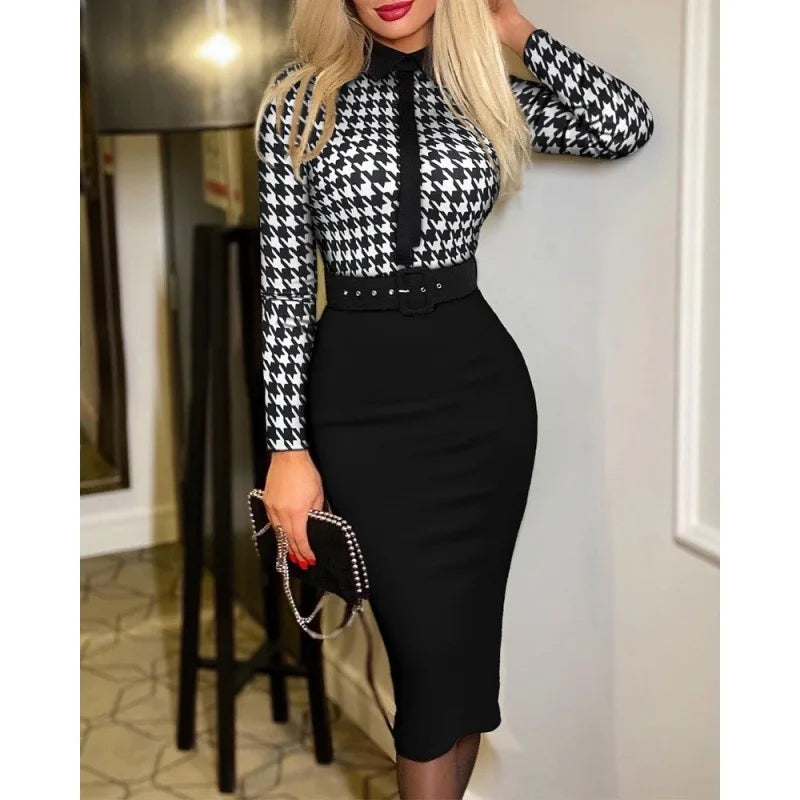 Printed A-line Suit Collar Dress