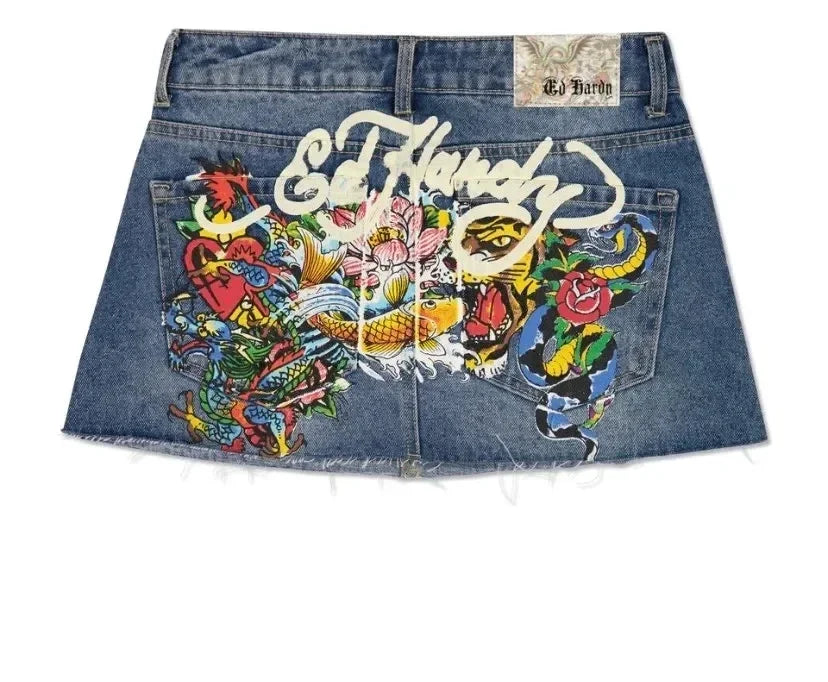 Hip Hop Letter Print Vintage Blue Denim Skirt