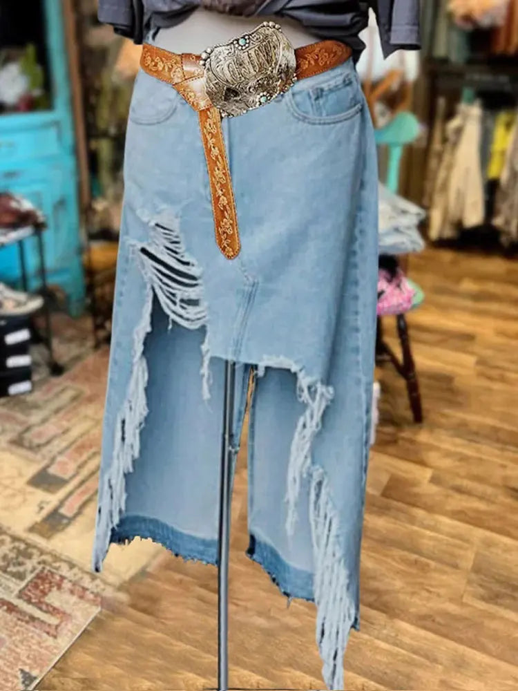 Denim Ripped Irregular Maxi Skirt