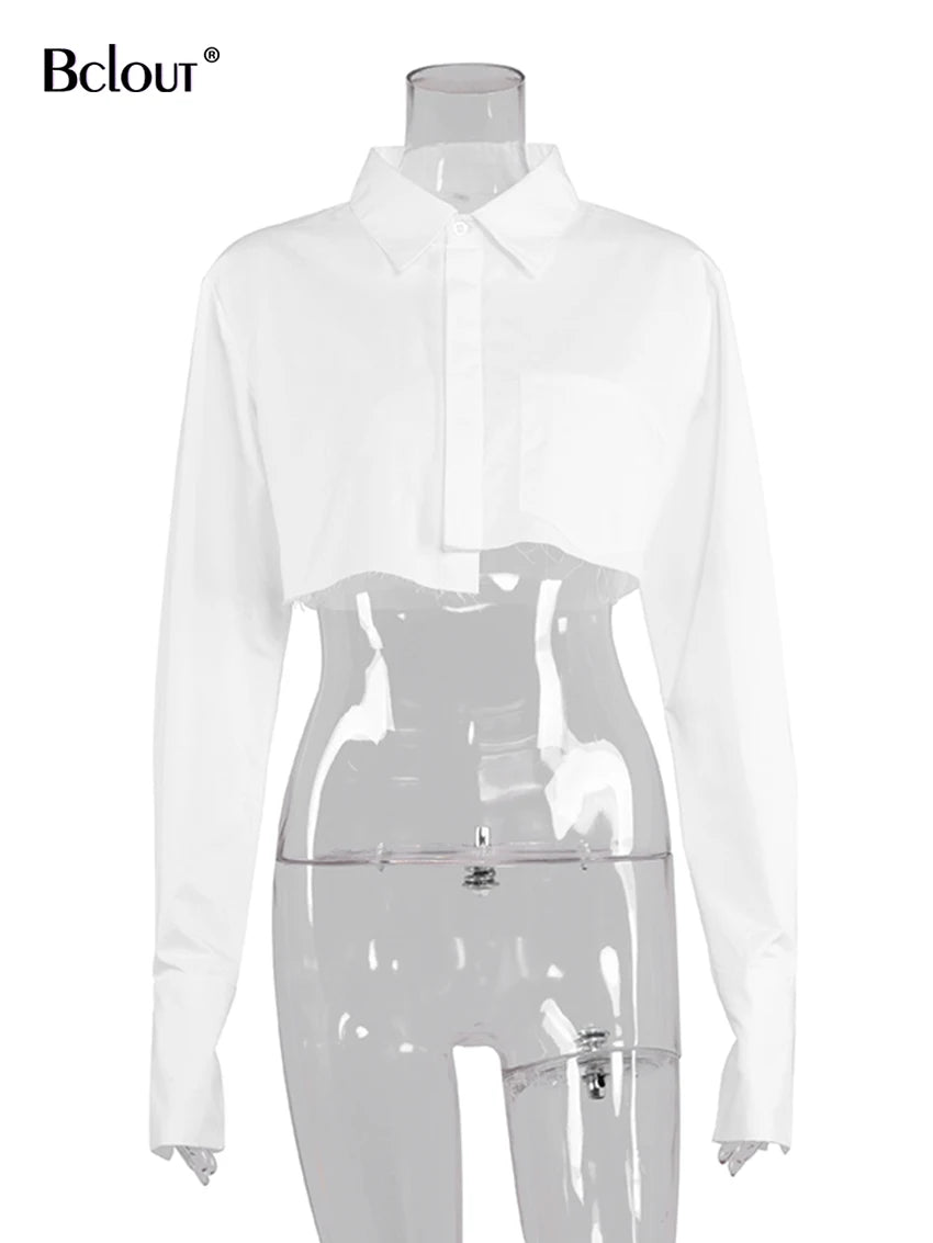 White Crop Top Flare Sleeve Asymmetry Blouses