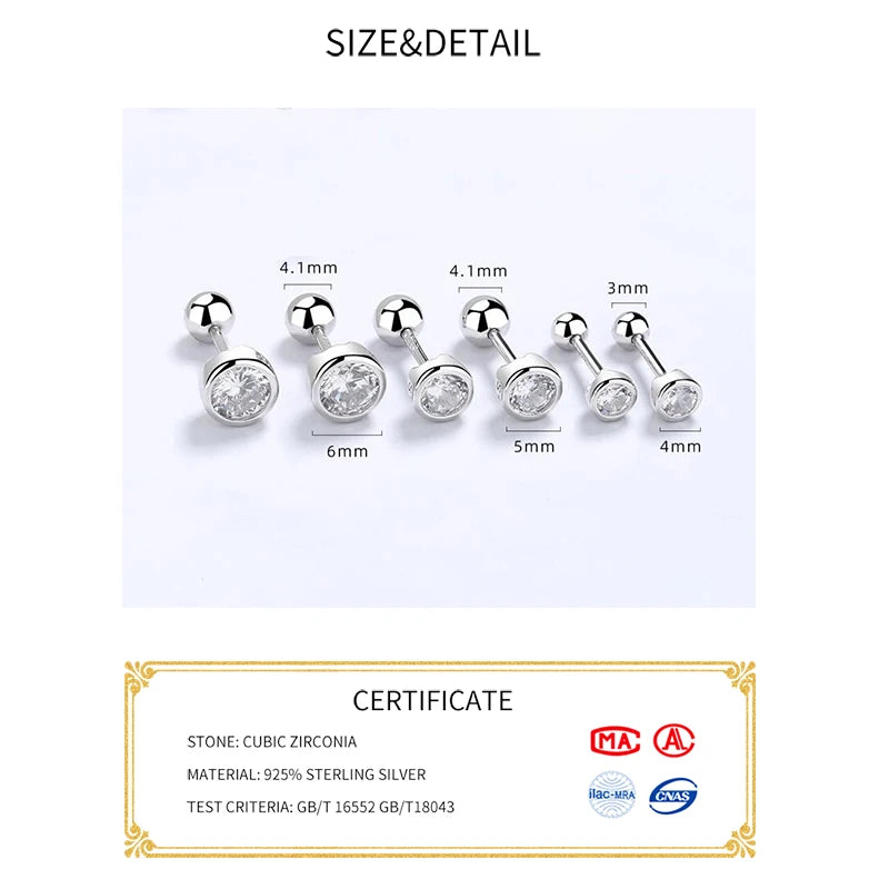 Sterling Silver Zircon Round Screw Thread Bead Stud Earrings