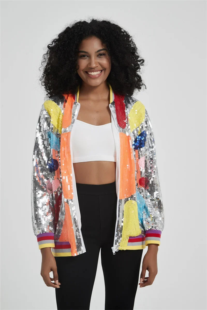Patchwork Color Long Sleeve Sequins Streetwear Coat