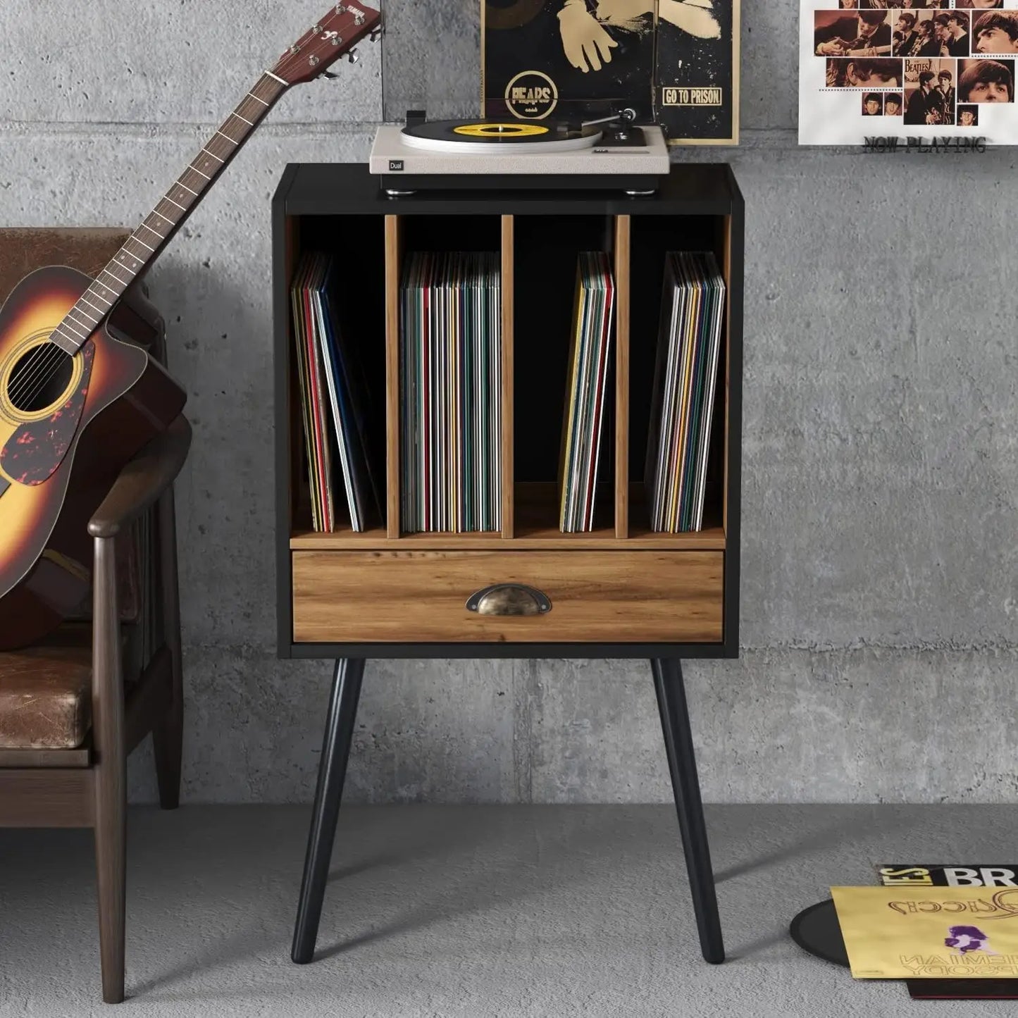 Record Player Stand 34" Vinyl Record with 4 Cabinet and Drawer