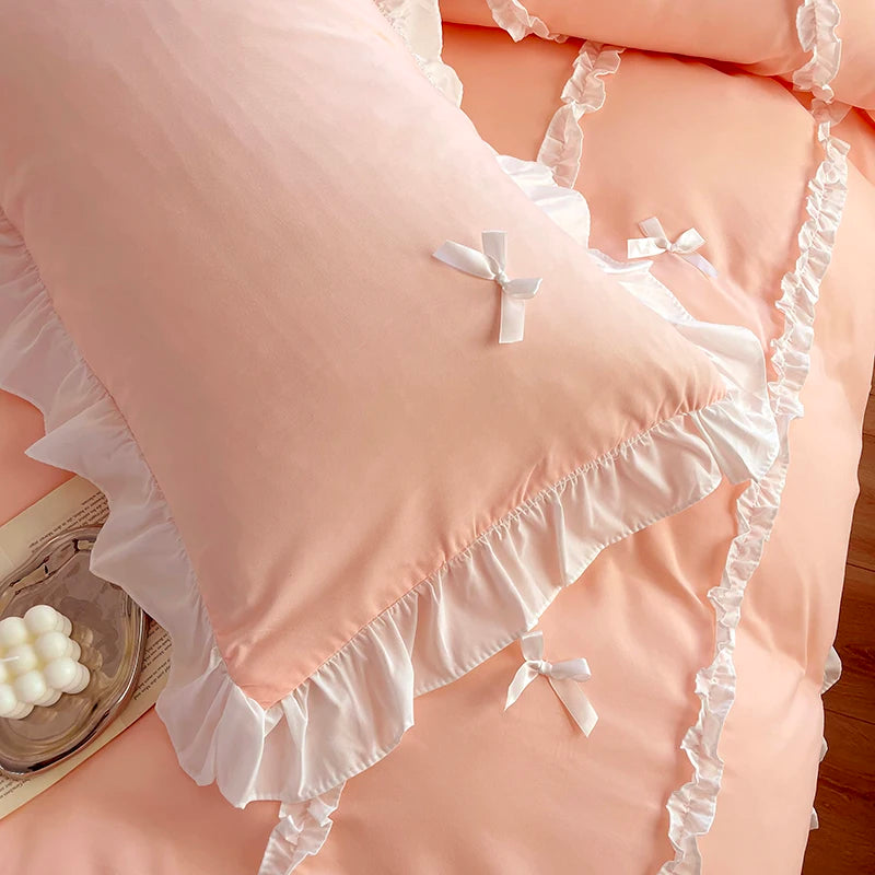 Pink Lace Ruffle Bowknot Duvet Cover Bedding Set