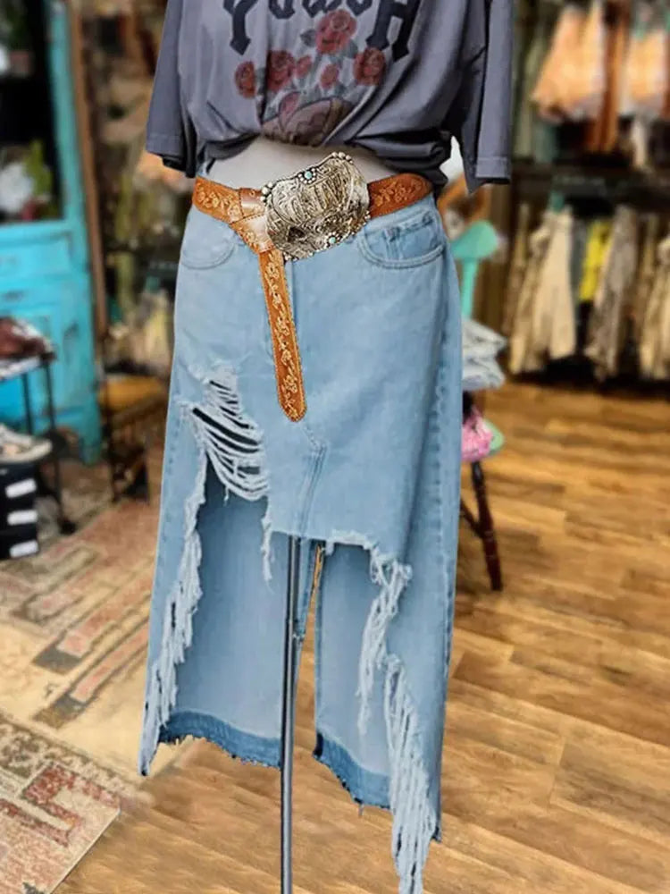 Denim Ripped Irregular Maxi Skirt