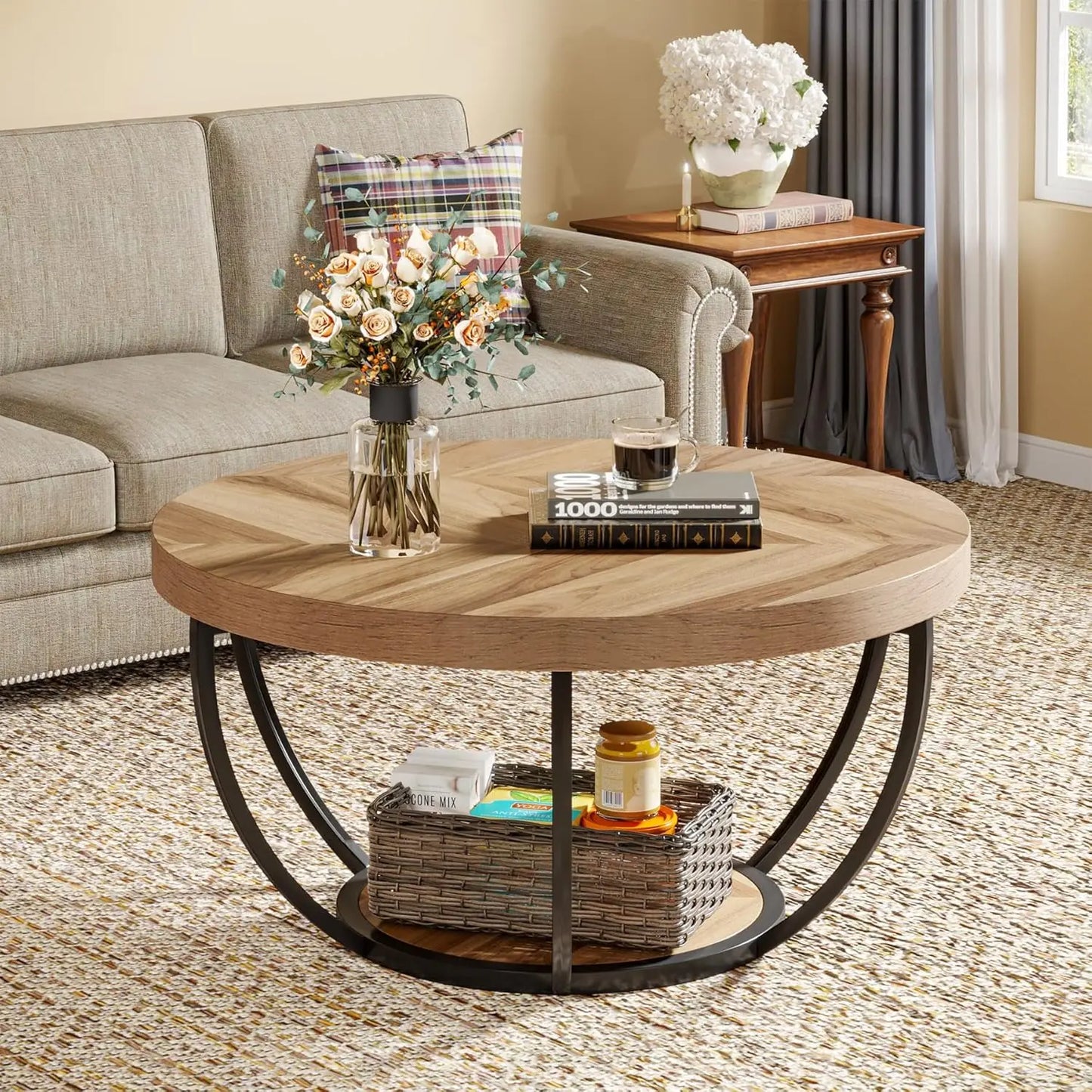 31.7" Round 2-Tier Circle Coffee Table with Storage Shelves