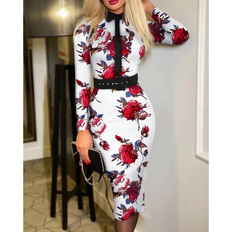 Printed A-line Suit Collar Dress