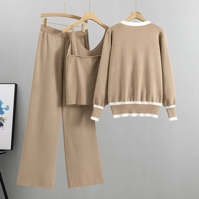 3 Piece Set Women Sexy Vest Long Sleeve Zipper Cardigan Elastic Waist Pants