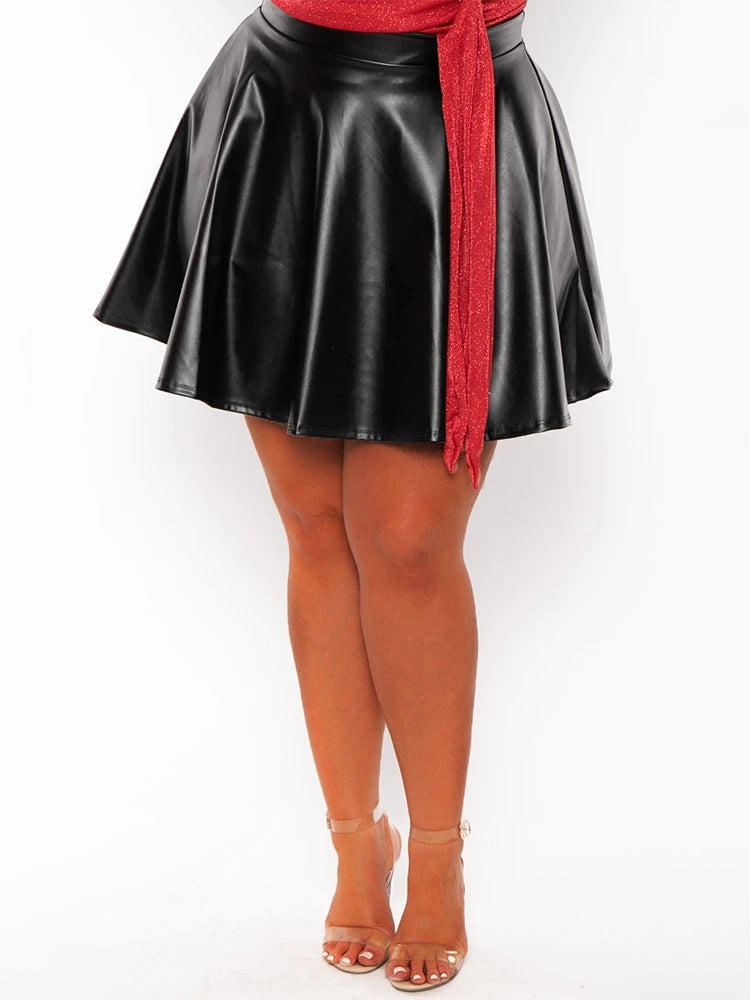 Streetwear Faux Leather Skirt Flare Plus Size Black Skirt