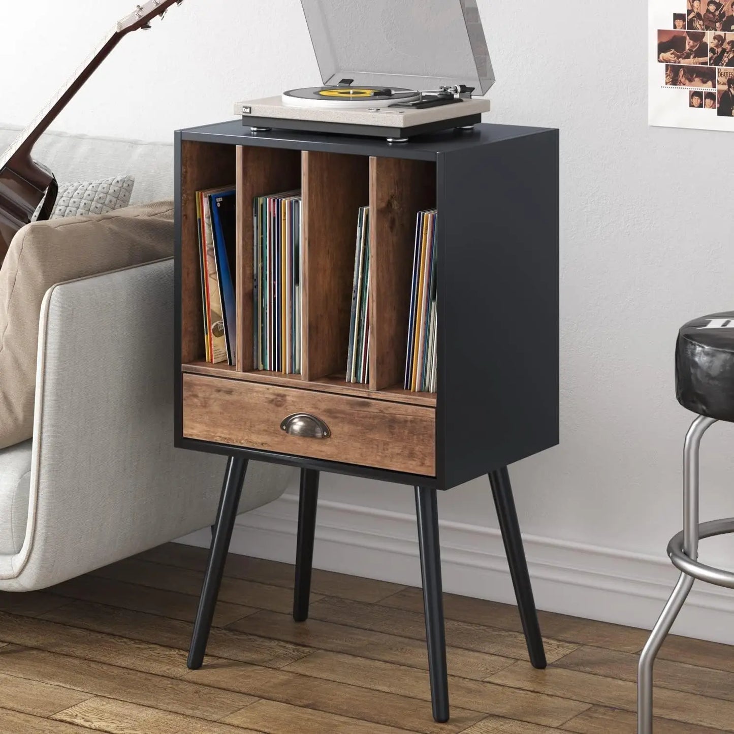 Record Player Stand 34" Vinyl Record with 4 Cabinet and Drawer