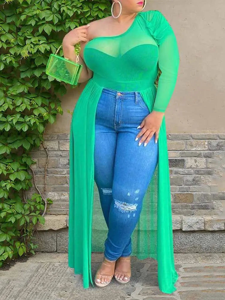 Plus Size Mesh One Shoulder Top