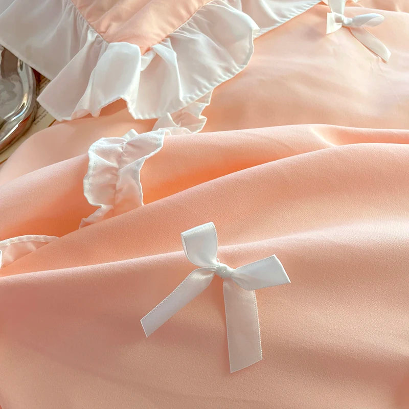 Pink Lace Ruffle Bowknot Duvet Cover Bedding Set