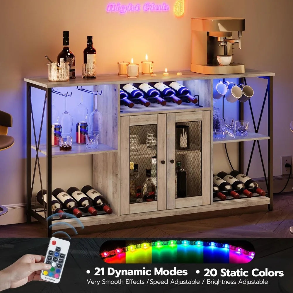 Wine Bar Cabinet with Led Lights and Power Outlets