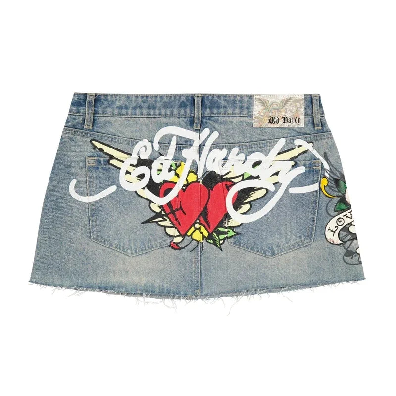 Hip Hop Letter Print Vintage Blue Denim Skirt