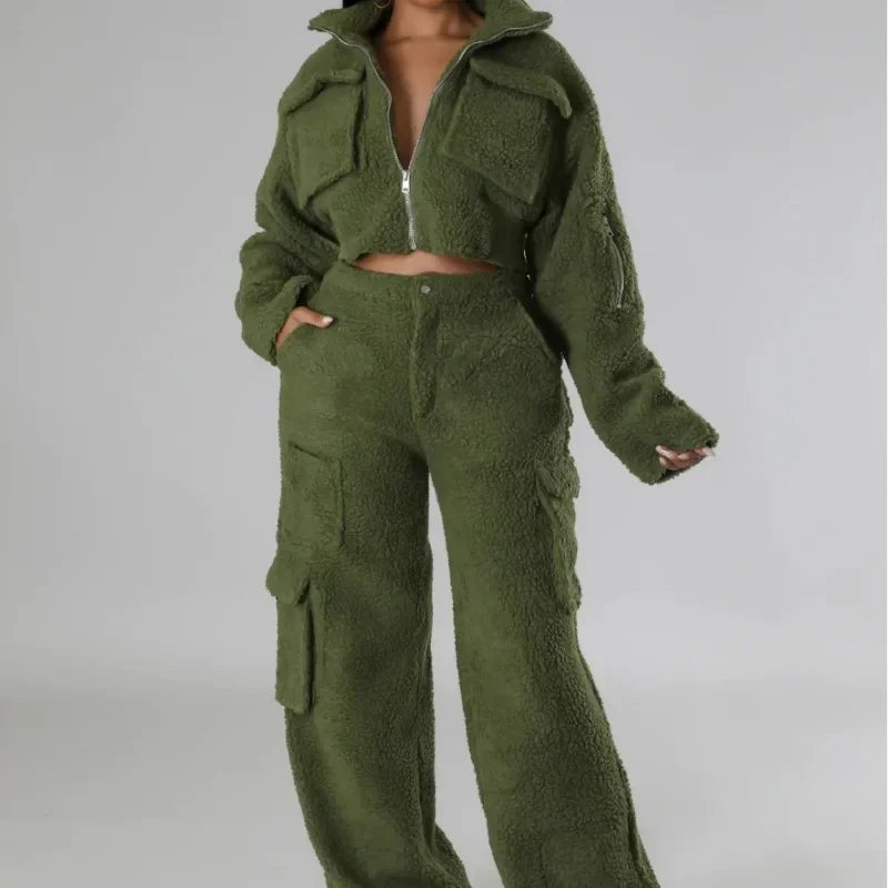 Solid Cashmere Thickened Warm 2 Piece Set Women Long Sleeve Zipper Crop Top High Waist Button 3D Pockets Pants Casual Streetwear
