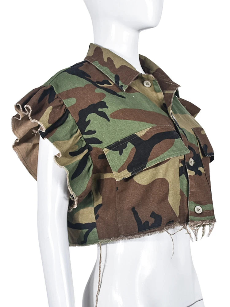 Butterfly Sleeve Single Breasted Camouflage Coat