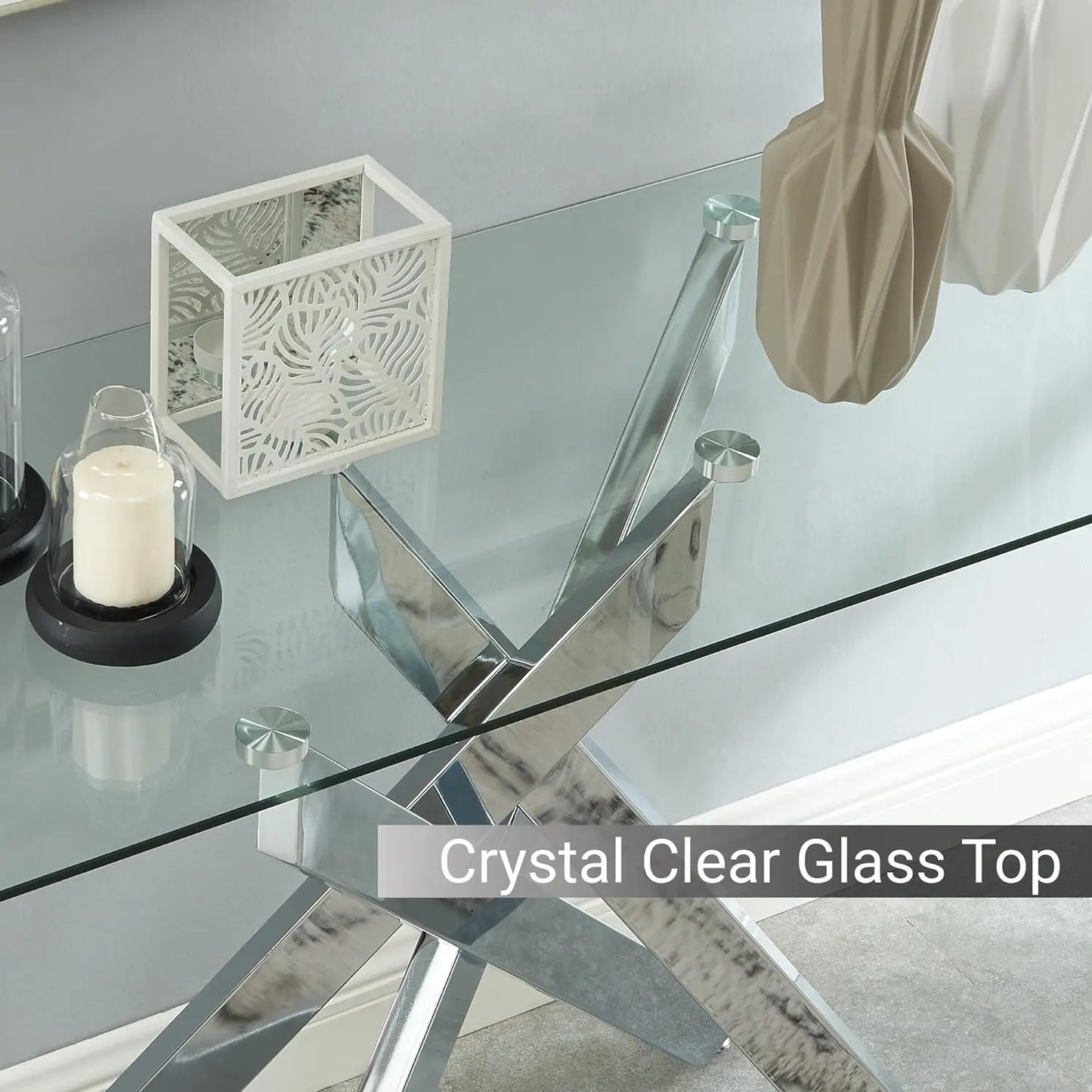 Narrow Sofa Table with Tempered Glass Top and Metal Tubular Legs