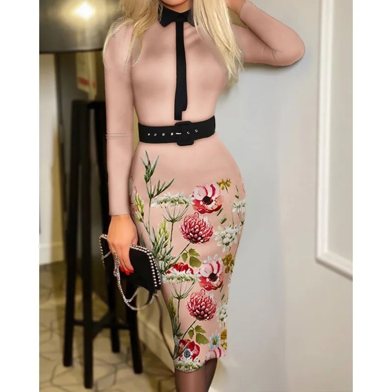 Printed A-line Suit Collar Dress