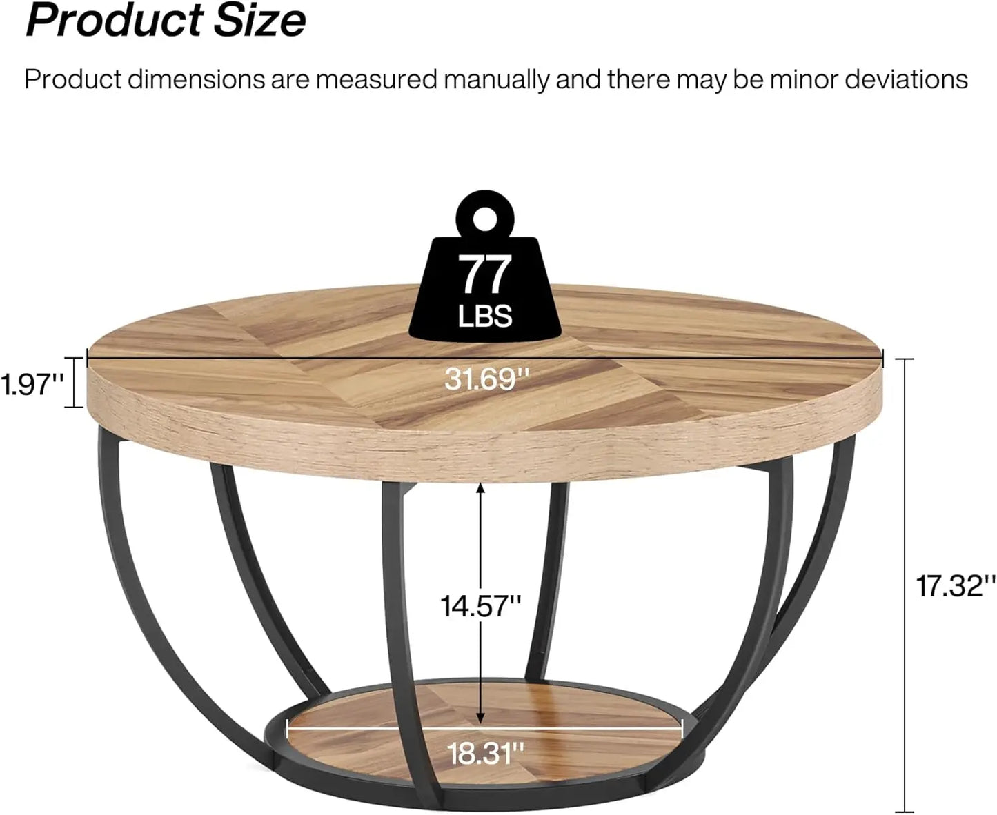 31.7" Round 2-Tier Circle Coffee Table with Storage Shelves