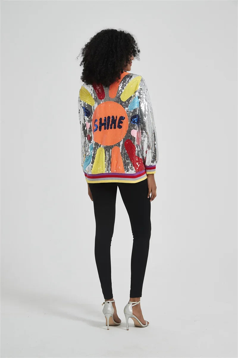 Patchwork Color Long Sleeve Sequins Streetwear Coat