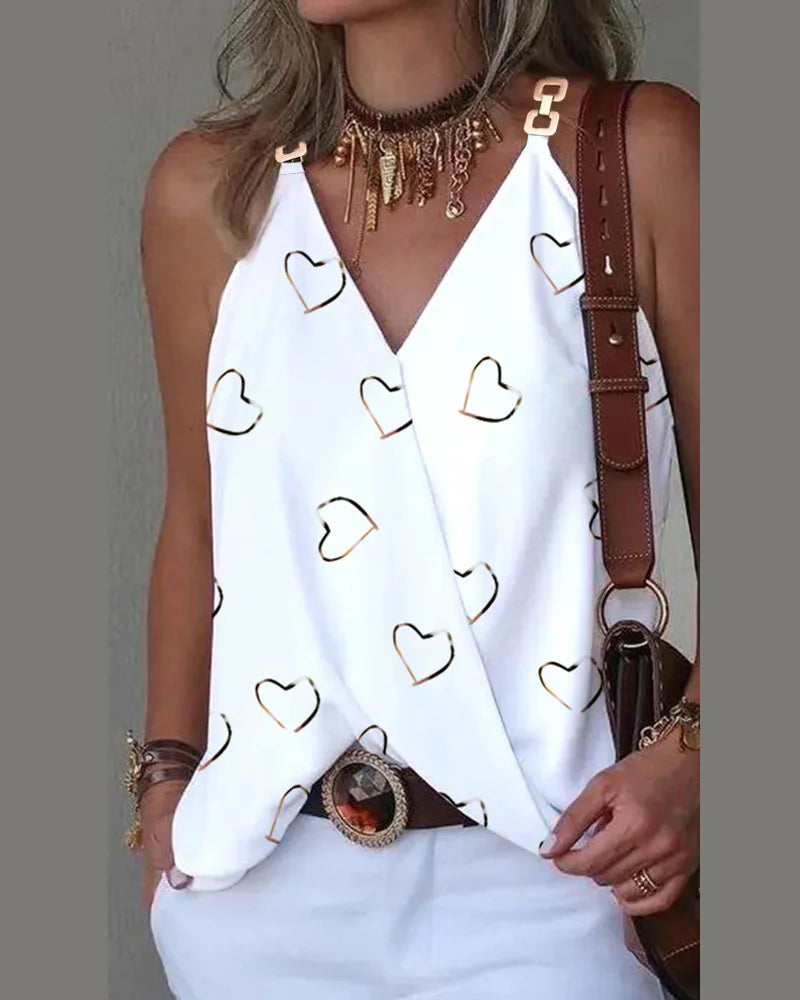 Simple V-neck Metal Buckle Printed Tank Top