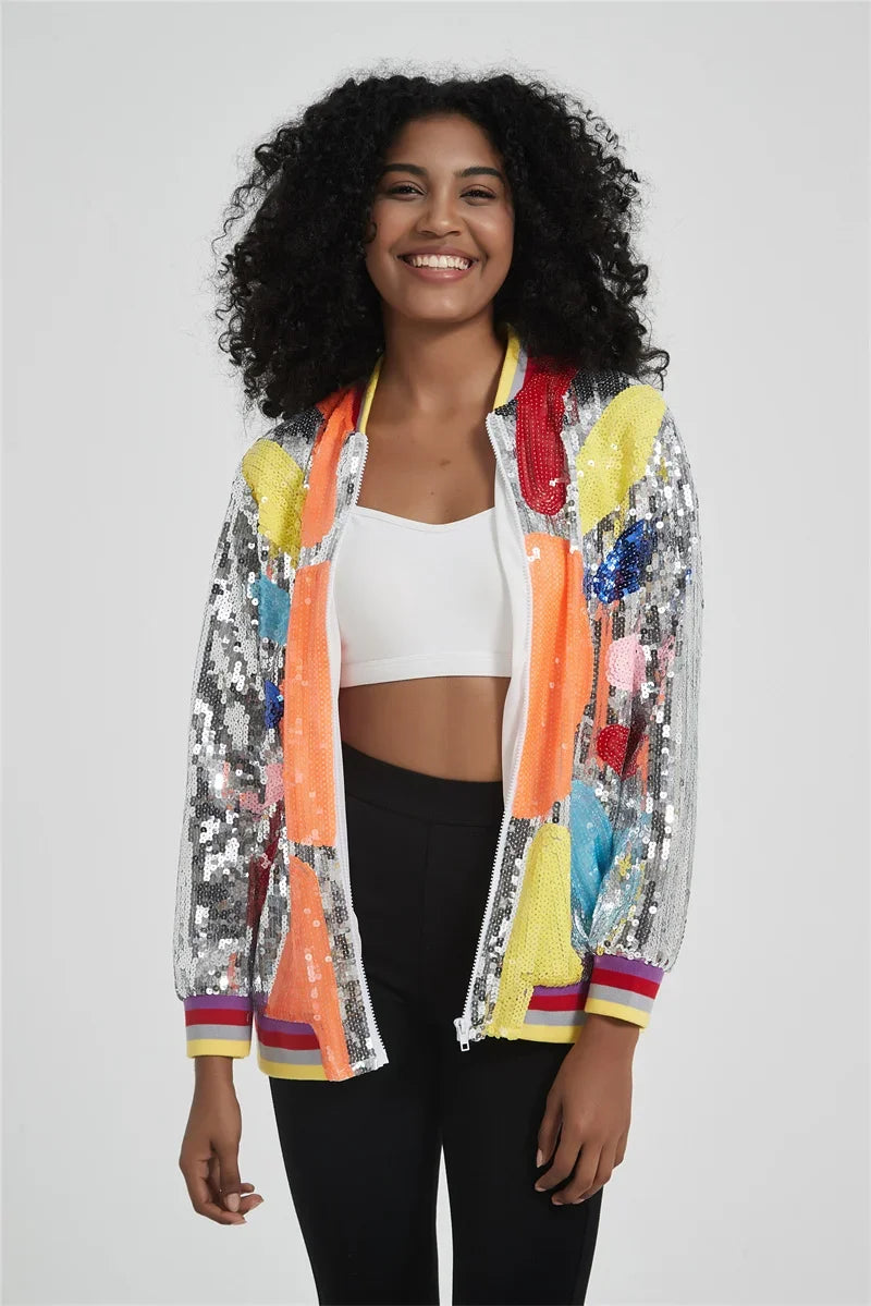 Patchwork Color Long Sleeve Sequins Streetwear Coat