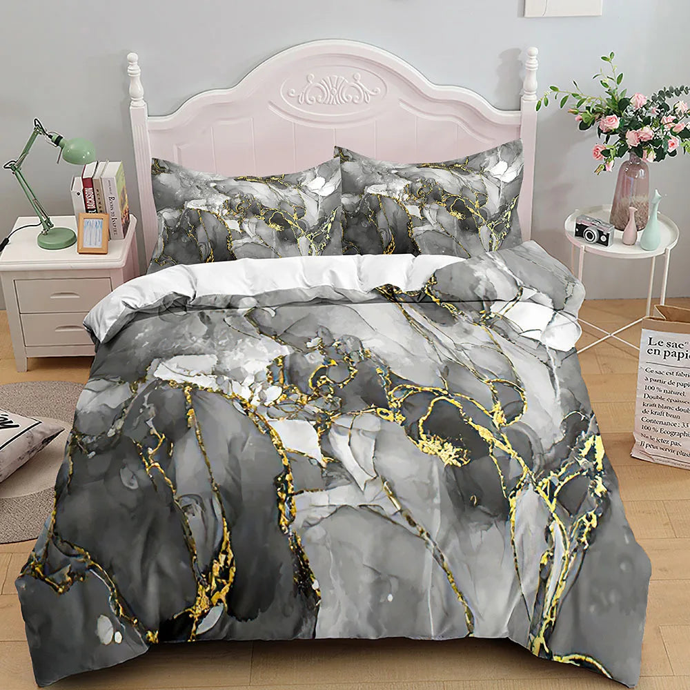 Grey Gold Marble Duvet Bedding Set