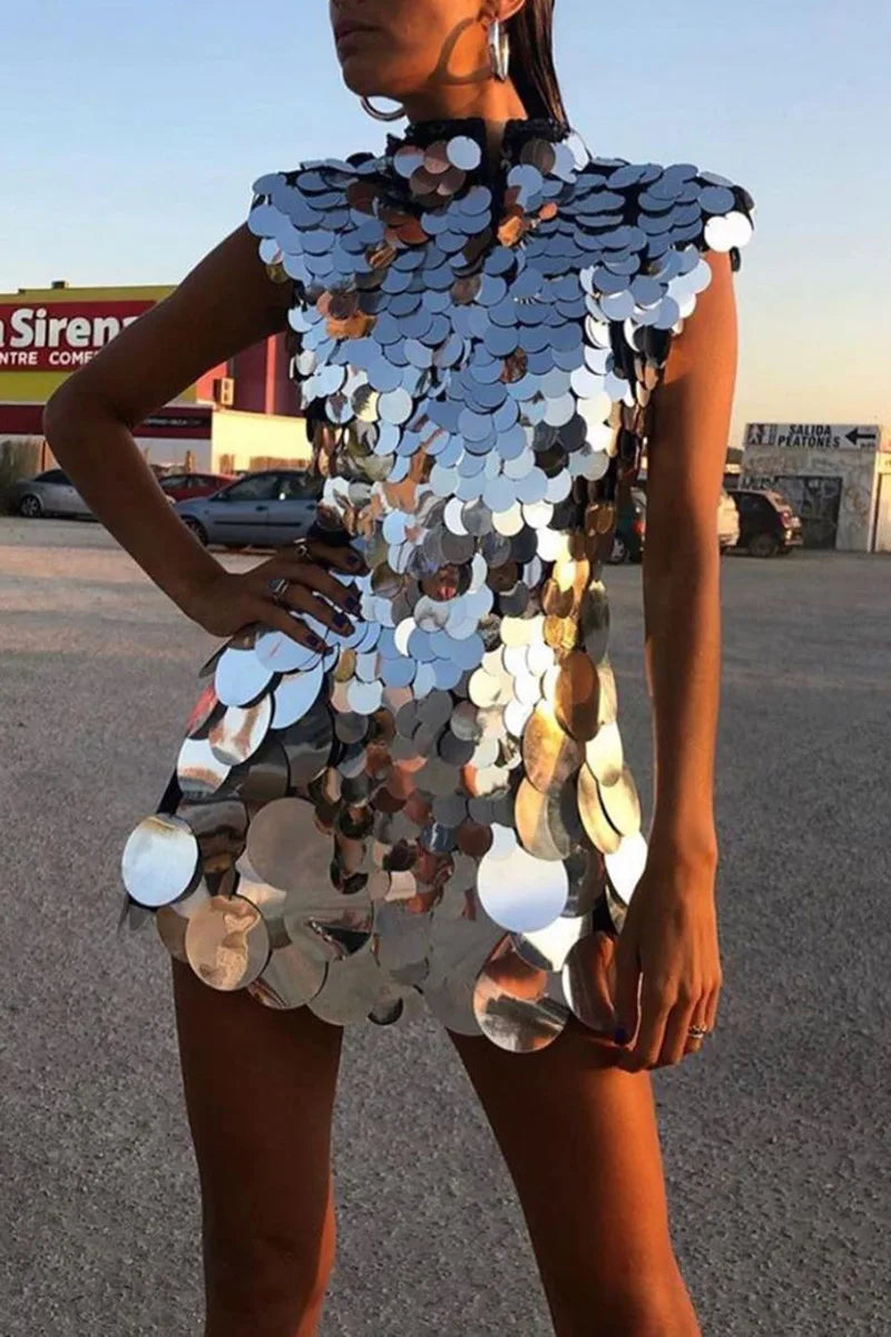 Plus Size Silver Party Sleeveless Mirror Sequin Mock Neck Mini Dresses