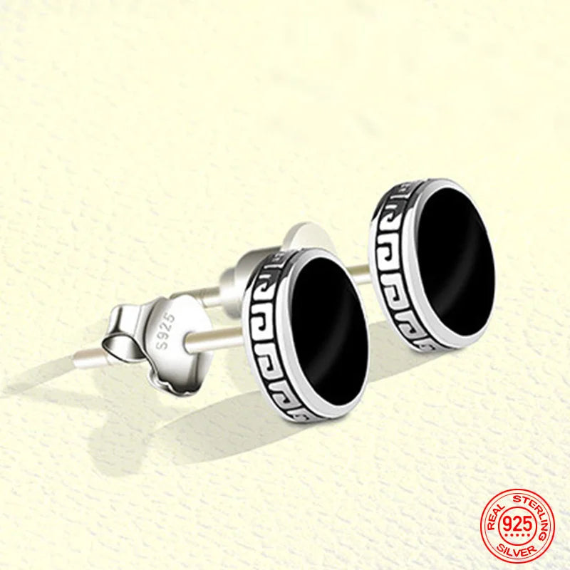 Black Round Stud Earrings for Men