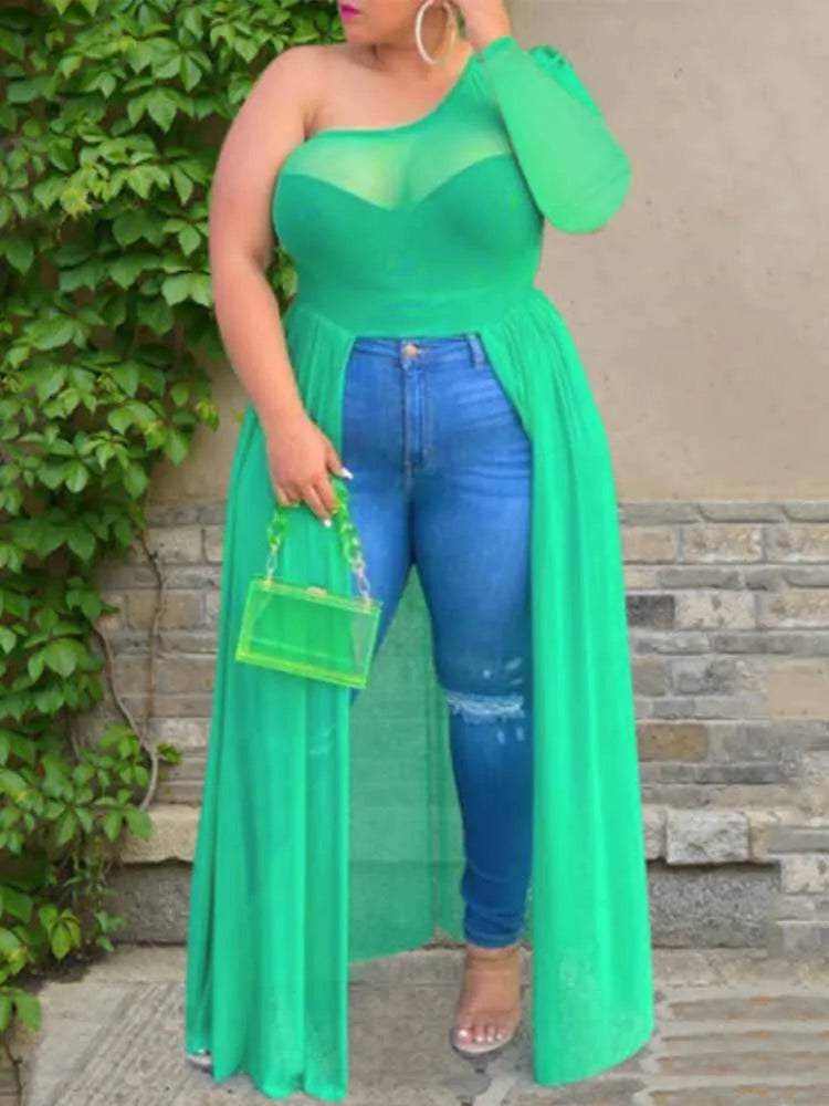 Plus Size Mesh One Shoulder Top